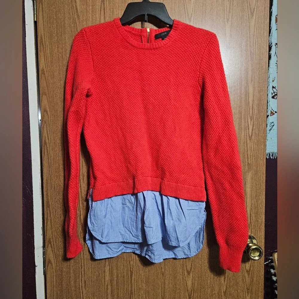 J.Crew Red Lambswool Long Sleeve Crew Neck Sweater Blue Shirttail Zipper!